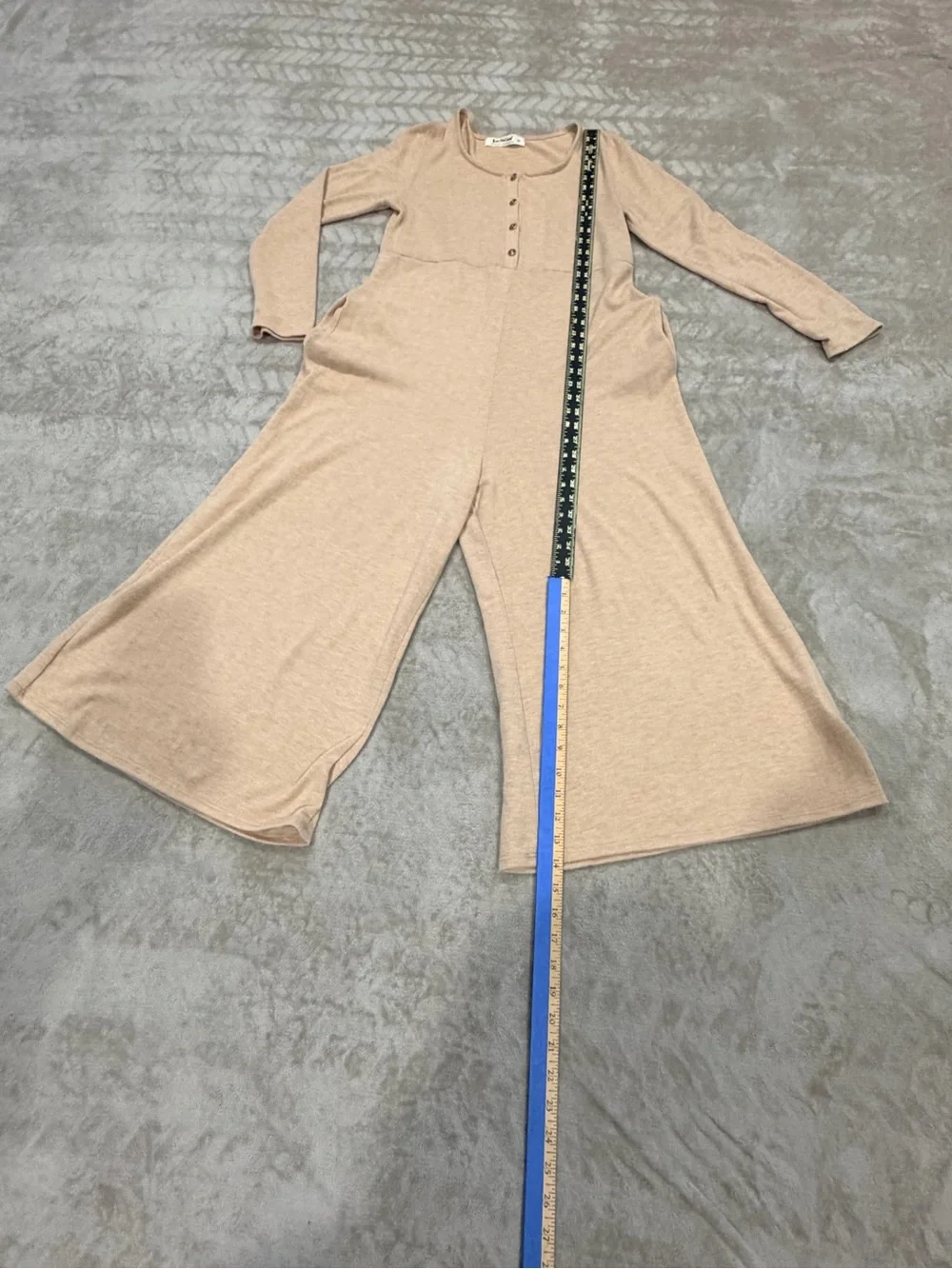Three Bird Nest Cream Tan Ribbed Boho Wide Leg Jumpsuit Pocket Size M